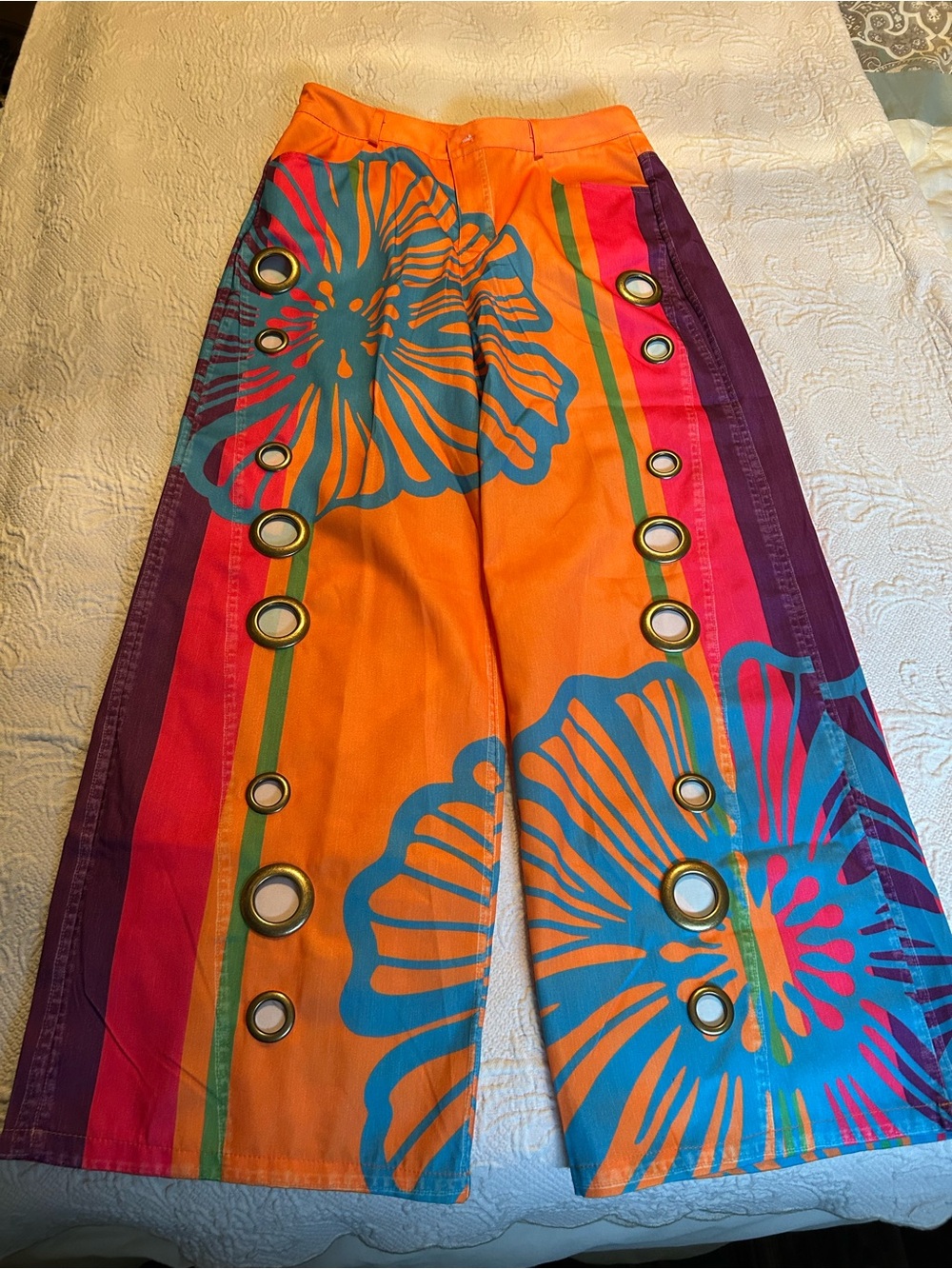 Wide Leg Floral Grommet Pants - Orange Multicolor